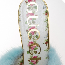 Pre Owned Gucci Metallic Gold Leather and Blue Mink Fur Slide Sandals Size 39