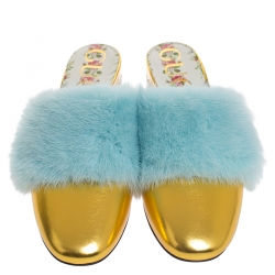 Pre Owned Gucci Metallic Gold Leather and Blue Mink Fur Slide Sandals Size 39