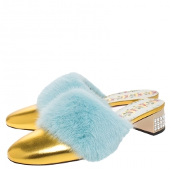 Pre Owned Gucci Metallic Gold Leather and Blue Mink Fur Slide Sandals Size 39