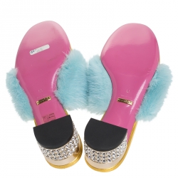 Pre Owned Gucci Metallic Gold Leather and Blue Mink Fur Slide Sandals Size 39