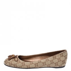 Pre Owned Gucci Beige Guccissima Canvas Bamboo Bow Tassel Ballet Flats Size 38