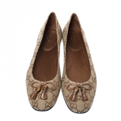 Pre Owned Gucci Beige Guccissima Canvas Bamboo Bow Tassel Ballet Flats Size 38
