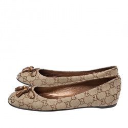 Pre Owned Gucci Beige Guccissima Canvas Bamboo Bow Tassel Ballet Flats Size 38