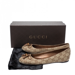 Pre Owned Gucci Beige Guccissima Canvas Bamboo Bow Tassel Ballet Flats Size 38