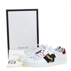 Pre Owned حذاء رياضي غوتشي Ace تفاصيل ويب Rooster حافة جلد ثعبان ميتالك وجلد أبيض مقاس 37.5