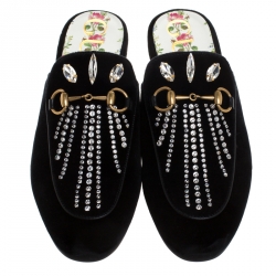 Pre Owned Gucci Black Velvet And Crystals Embellished Princetown Horsebit Flat Mules Size 36