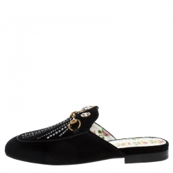 Pre Owned Gucci Black Velvet And Crystals Embellished Princetown Horsebit Flat Mules Size 36