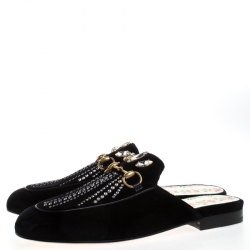 Pre Owned Gucci Black Velvet And Crystals Embellished Princetown Horsebit Flat Mules Size 36