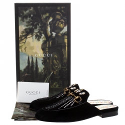 Pre Owned Gucci Black Velvet And Crystals Embellished Princetown Horsebit Flat Mules Size 36