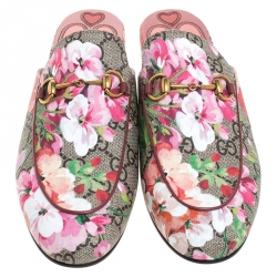Pre Owned Gucci Multicolor GG Supreme Blooms Printed Canvas Princetown Horsebit Loafer Slides Size 38
