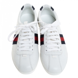 مملوكة مسبقًا Gucci White GG Leather Web Detail Ace Low Top Sneakers Size 38