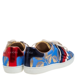 Gucci Blue Brocade Fabric Ace Web Crystal Embellished Low Top Sneakers Size 39