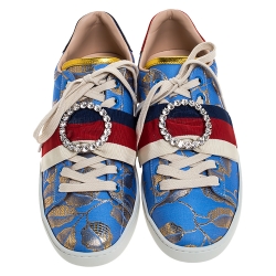 Gucci Blue Brocade Fabric Ace Web Crystal Embellished Low Top Sneakers Size 39