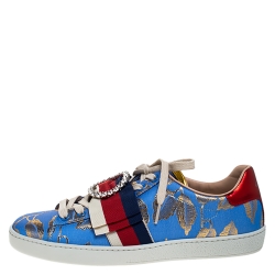 Gucci Blue Brocade Fabric Ace Web Crystal Embellished Low Top Sneakers Size 39