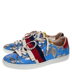 Gucci Blue Brocade Fabric Ace Web Crystal Embellished Low Top Sneakers Size 39