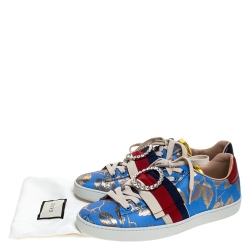 Gucci Blue Brocade Fabric Ace Web Crystal Embellished Low Top Sneakers Size 39