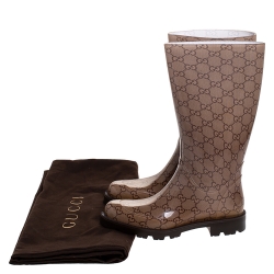 Pre Owned Gucci Brown GG Rubber Edimburg Rain Boots Size 36