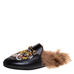 Pre Owned Gucci Black Tiger Embroidered Leather and Fur Lined Princetown Mules Size 38