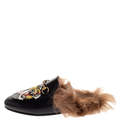 Pre Owned Gucci Black Tiger Embroidered Leather and Fur Lined Princetown Mules Size 38