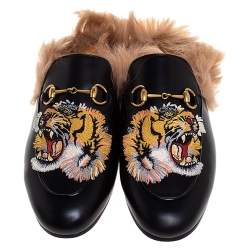 Pre Owned Gucci Black Tiger Embroidered Leather and Fur Lined Princetown Mules Size 38
