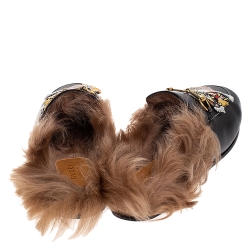 Pre Owned Gucci Black Tiger Embroidered Leather and Fur Lined Princetown Mules Size 38