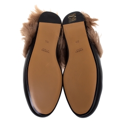 Pre Owned Gucci Black Tiger Embroidered Leather and Fur Lined Princetown Mules Size 38