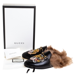 Pre Owned Gucci Black Tiger Embroidered Leather and Fur Lined Princetown Mules Size 38