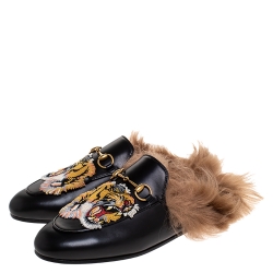Pre Owned Gucci Black Tiger Embroidered Leather and Fur Lined Princetown Mules Size 38