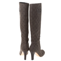 Pre Owned Gucci Dark Brown GG Canvas Knee Length Boots Size 37