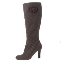 Pre Owned Gucci Dark Brown GG Canvas Knee Length Boots Size 37