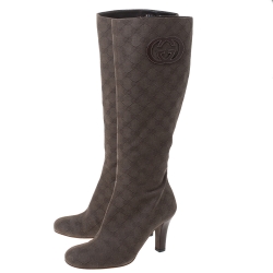 Pre Owned Gucci Dark Brown GG Canvas Knee Length Boots Size 37
