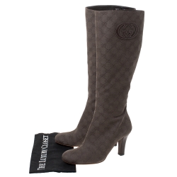 Pre Owned Gucci Dark Brown GG Canvas Knee Length Boots Size 37