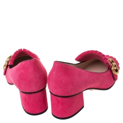 مملوكة مسبقًا Gucci Hot Pink Suede Marmont Fringe Detail Pumps Size 36.5