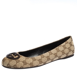 Pre Owned Gucci Beige GG Supreme Canvas Heart Shaped Interlocking GG Ballet Flats Size 40