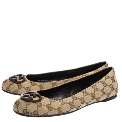 Pre Owned Gucci Beige GG Supreme Canvas Heart Shaped Interlocking GG Ballet Flats Size 40