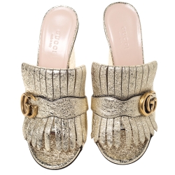 Pre Owned Gucci Gold Laminated Leather Marmont Mule Sandals Size 36.5