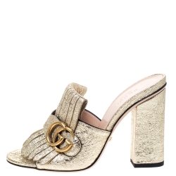 Pre Owned Gucci Gold Laminated Leather Marmont Mule Sandals Size 36.5