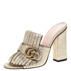 Pre Owned Gucci Gold Laminated Leather Marmont Mule Sandals Size 36.5
