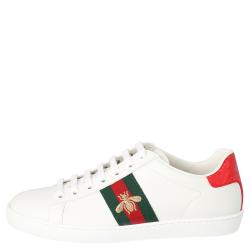 Pre Owned Gucci White Leather Embroidered Bee Ace Low-Top Sneakers Size 37.5