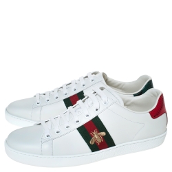 مملوكة مسبقًا Gucci White Leather Ace Bee Web Detail Low Top Sneakers Size 39.5
