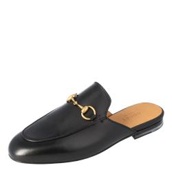 Pre Owned Gucci Black Leather Princetown Horsebit Mules Size 37.5