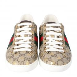 Pre Owned Gucci Brown/Beige GG Supreme Canvas Ace Bee Lace Up Sneakers Size 39