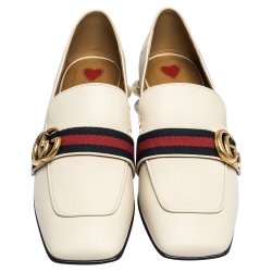 مملوكة مسبقًا Gucci White Pearl Embellished Leather Double G Web Mid Heel Loafers Size 39