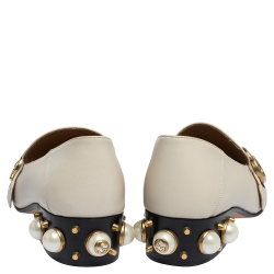 مملوكة مسبقًا Gucci White Pearl Embellished Leather Double G Web Mid Heel Loafers Size 39