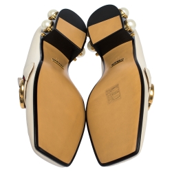 مملوكة مسبقًا Gucci White Pearl Embellished Leather Double G Web Mid Heel Loafers Size 39