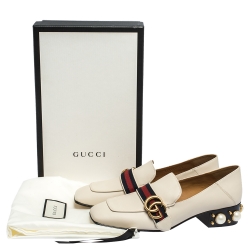 مملوكة مسبقًا Gucci White Pearl Embellished Leather Double G Web Mid Heel Loafers Size 39