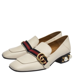 مملوكة مسبقًا Gucci White Pearl Embellished Leather Double G Web Mid Heel Loafers Size 39