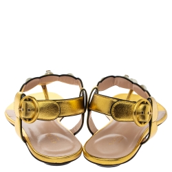 Pre Owned صندل فلات إصبع غوتشي "ويلو" مزين لؤلؤ صناعي جلد ذهبي مقاس 40