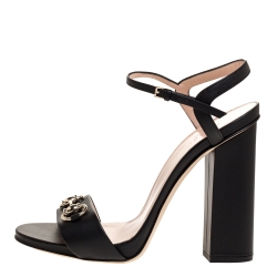 Pre Owned Gucci Black Leather Horsebit Ankle Strap Block Heel Sandals Size 40