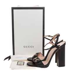 Pre Owned Gucci Black Leather Horsebit Ankle Strap Block Heel Sandals Size 40